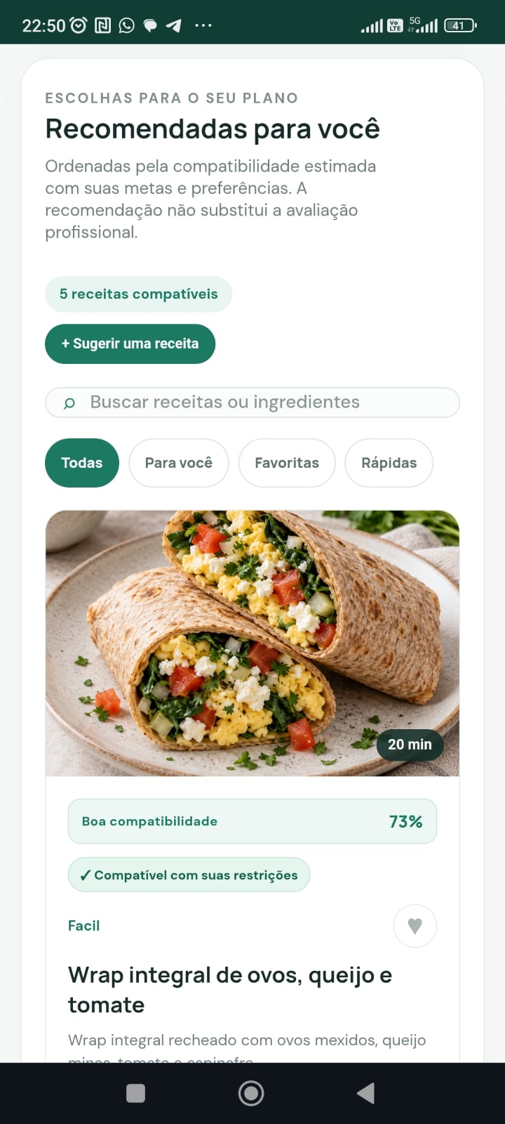 Tela de receitas recomendadas